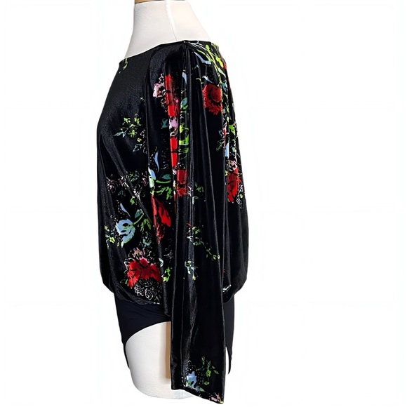 Free People Black Velvet Slouchy Floral Bodysuit Keyhole Amor Whimsigoth Large - Picture 10 of 11
